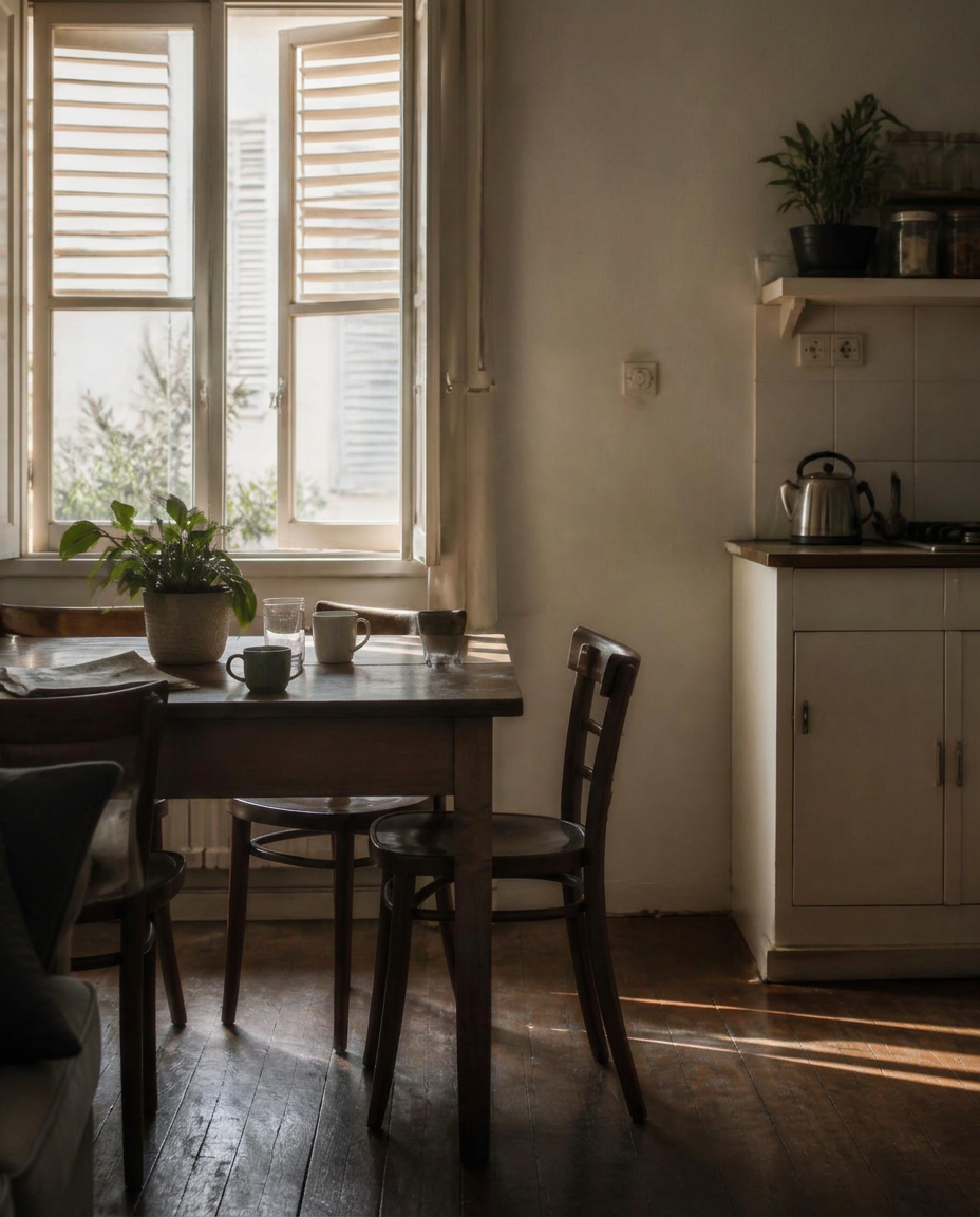 Morning light through shutters onto a simple kitchen table with mugs and a plant in a lived-in home