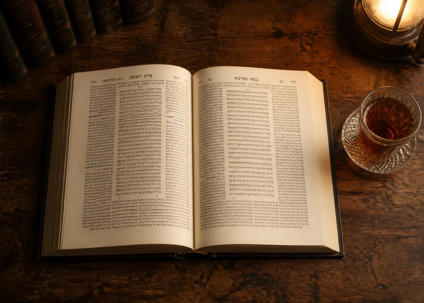 An open sefer and a glass of tea on a worn wooden table in lamplight