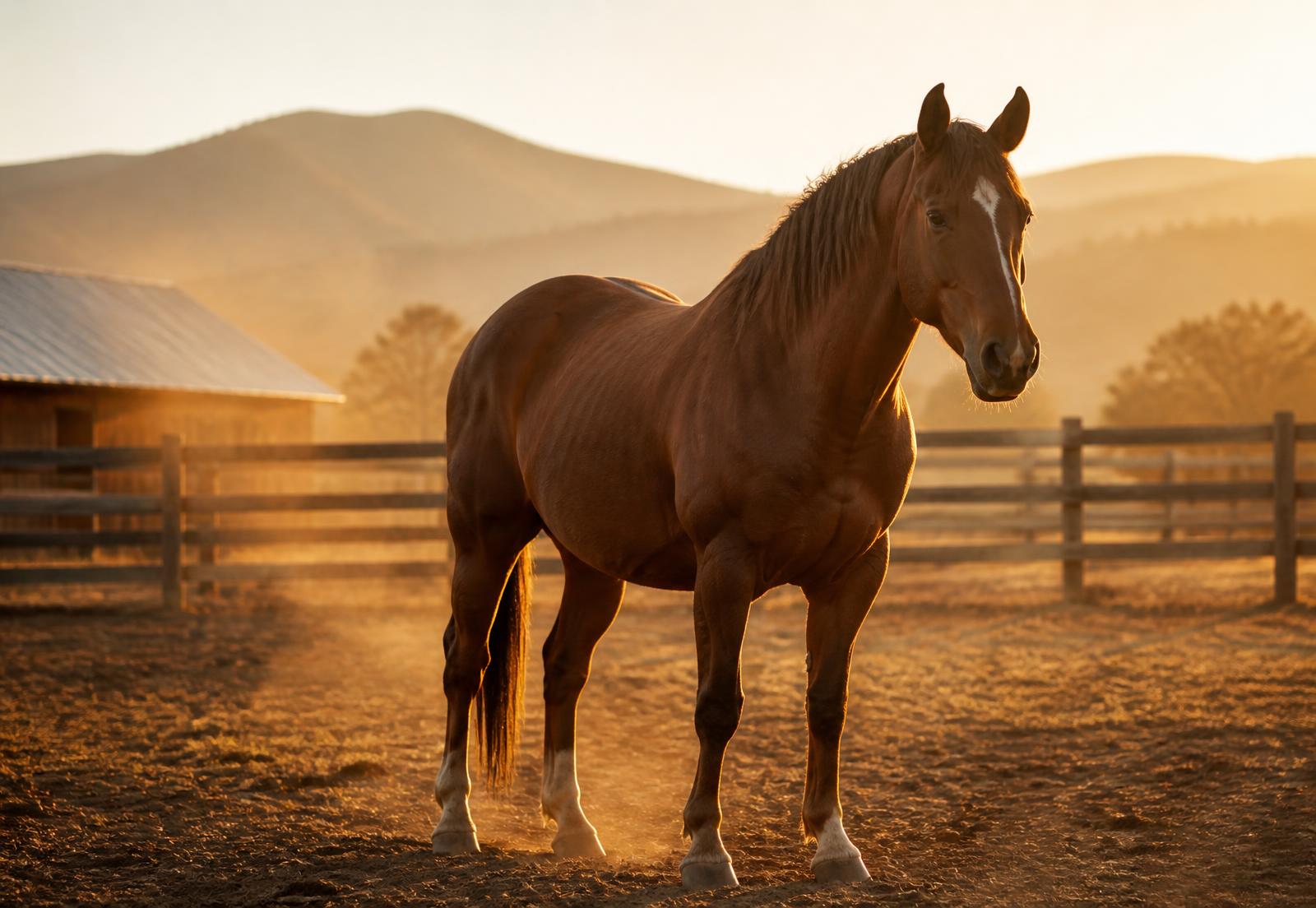 A calm horse standing in a sunlit paddock beside a wooden fence and barn