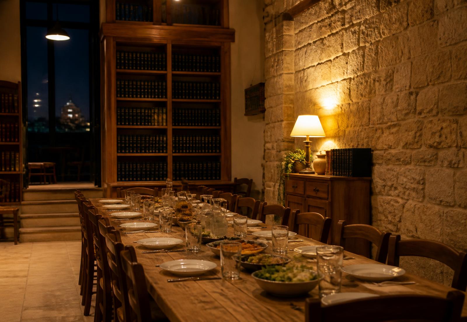 A long table set for dinner in a warm, lamplit Jerusalem room